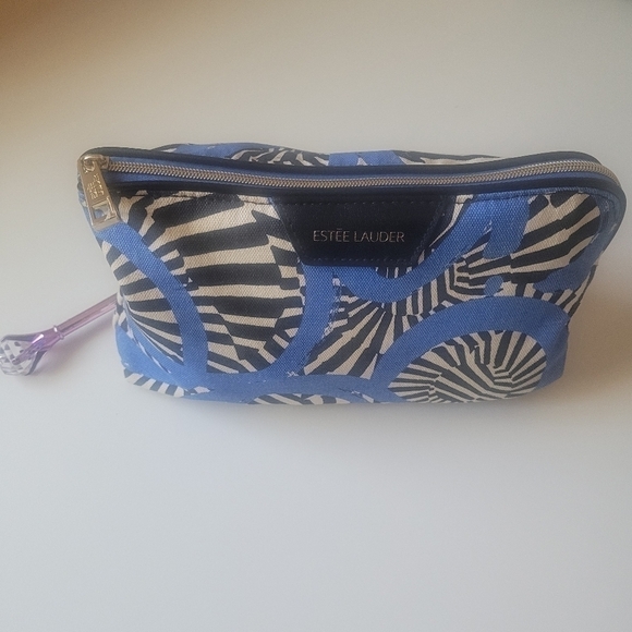 ESTEE LAUDER blue black and white cosmetic bag travel pouch with gold zip - Picture 1 of 6